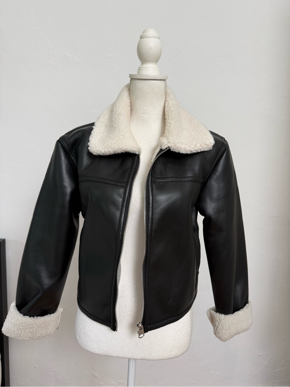 Fashion Nova Black Faux Leather Jacket with Cream Sherpa Trim